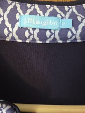 J. McLaughlin Navy Top with White Patterned Neck Trim